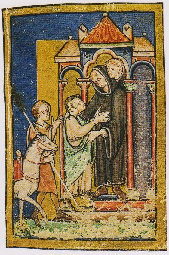 Boisil welcoming Cuthbert at Old Melrose, from a twelfth-century manuscript held by the British Library.