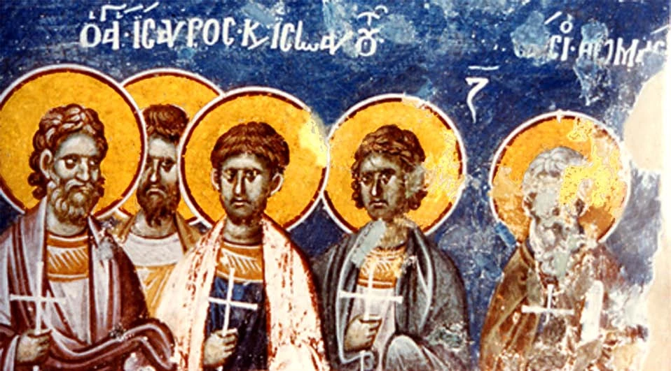 Group fresco fragment with Hermias of Apollonia at the right; other companions remain visible.