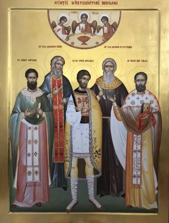 Moise Măcinic, Visarion Sarai, Oprea Miclăuș, Sofronie of Cioara and Ioan Galeș, with the Trinity above.