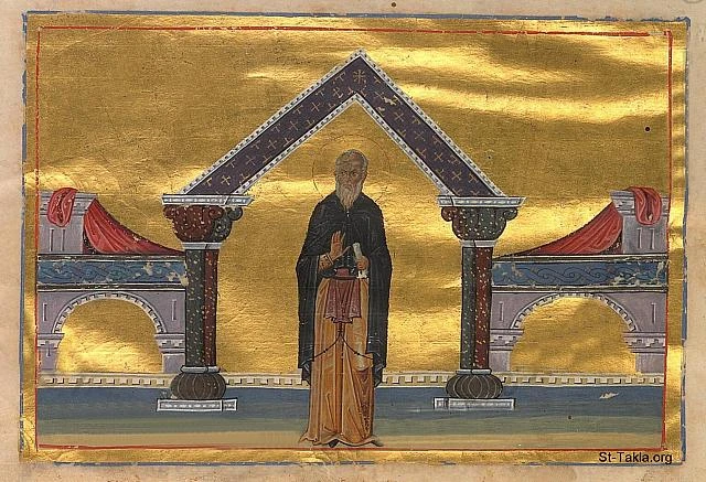 Historical miniature of Thalelaeus the Hermit of Syria from the Menologion of Basil II, reproduced by St-Takla.org; full scene and source watermark retained.