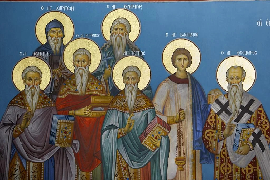 Published photograph of a section of the Tiberiopolis martyrs fresco: John the priest, Chariton, Hierotheos, Socrates, Peter the priest, Basil the deacon, Theodore the bishop. The full published photographic frame is retained.