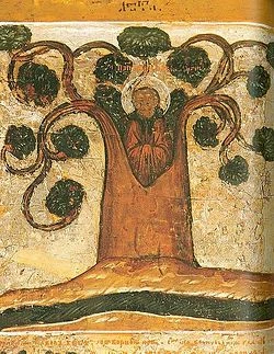 Seventeenth-century icon of Paul of Obnora living in a linden tree.