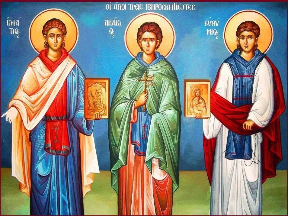 Group icon of the Athonite new martyrs: Ignatius at left, Acacius at center and Euthymius at right.