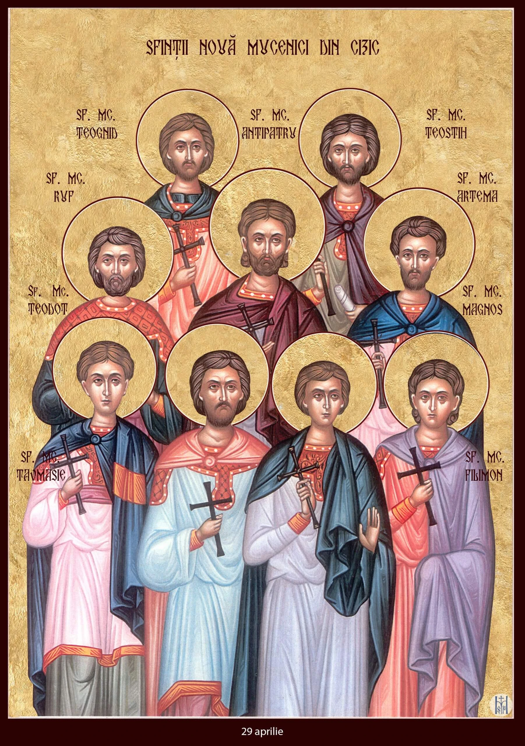 The Nine Martyrs of Cyzicus: Theognes, Rufus, Antipater, Theostichus, Artemas, Magnus, Theodotus, Thaumasius and Philemon. Full shared icon; source marks and April 29 footer retained.