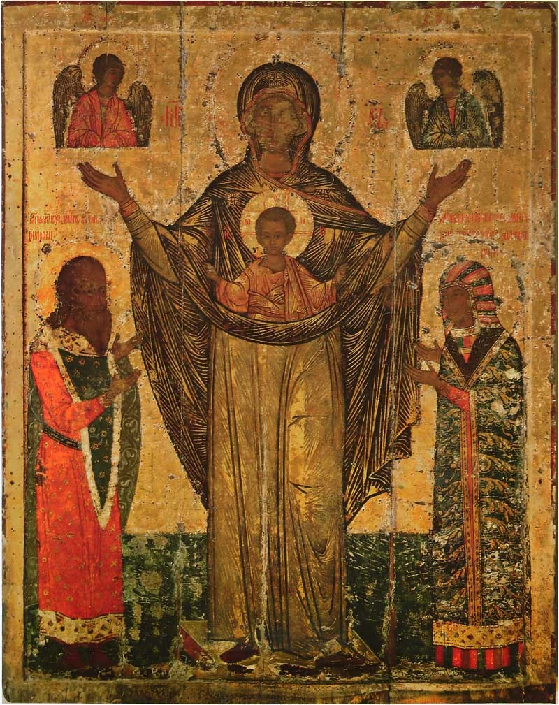 Mirozh Mother of God icon with Christ, angels, Dovmont at left and Maria at right.
