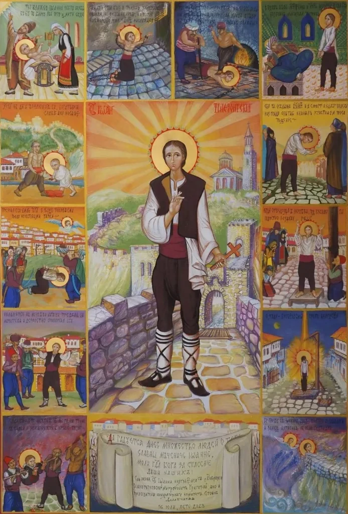 Icon of John of Tarnovo with surrounding scenes from his life.