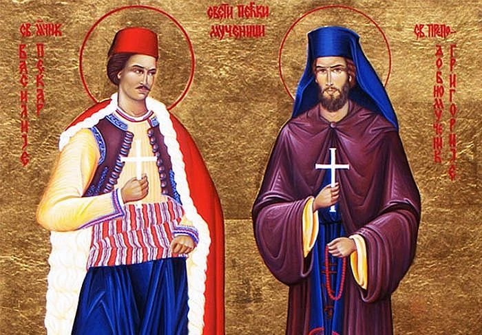 Icon depicting Basil the Baker of Peć on the left and Gregory of Peć on the right.