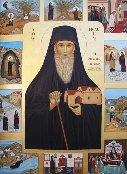 Icon of Meletios of Ypseni, surrounded by scenes from his life.