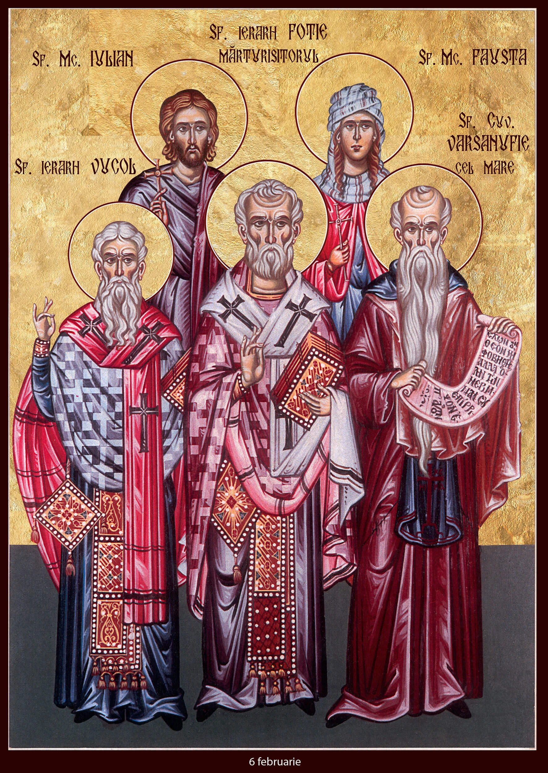 Icon of Bucolus of Smyrna (front left), Photius of Constantinople (front centre), Barsanuphius the Great (front right), Julian (rear left) and Fausta (rear right).
