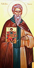 Published icon of Pimen of Zograf holding a painted panel; full native source image.