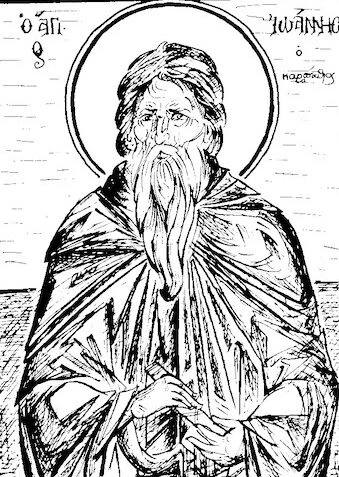 Black-and-white devotional drawing of John of Karpathos.