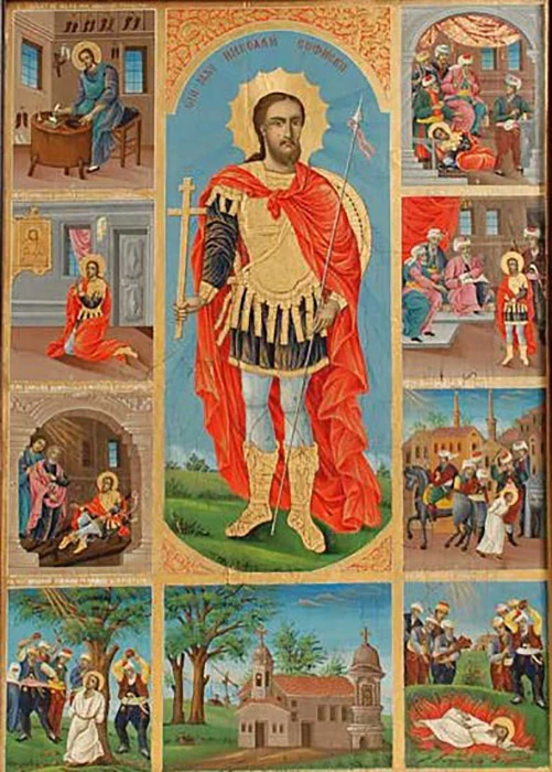 Full narrative icon of Nicholas the New of Sofia, with surrounding scenes retained.