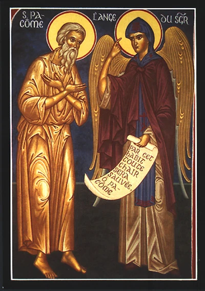 Icon of Saint Pachomius the Great with an angel
