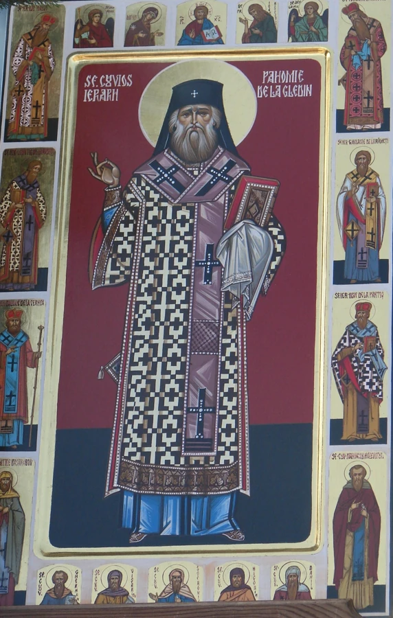 Icon of Pachomius of Gledin, with surrounding saints.