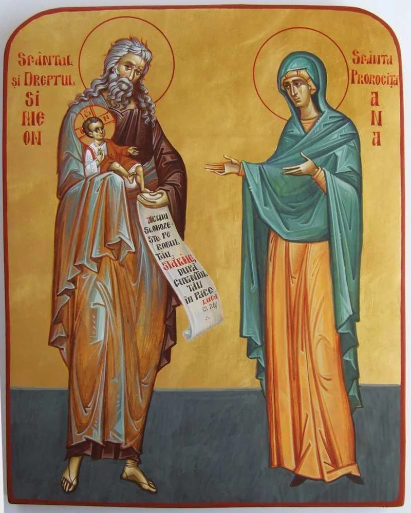 Icon depicting Simeon the God-Receiver holding Christ and Anna the Prophetess
