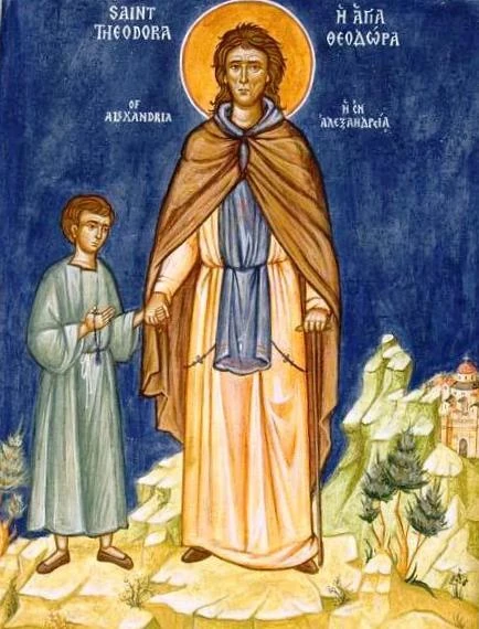 Icon depicting Theodora of Alexandria with the child she raised