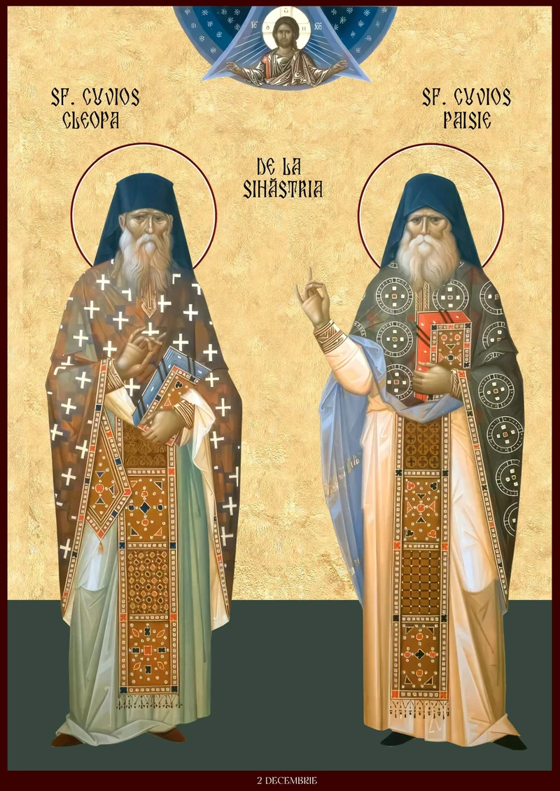 Group icon: Cleopa and Paisie of Sihăstria beneath Christ