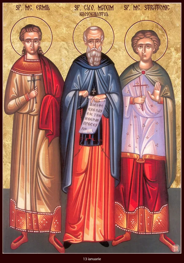 Group icon: Saints Hermylus, Maximus Kavsokalyvites and Stratonicus.