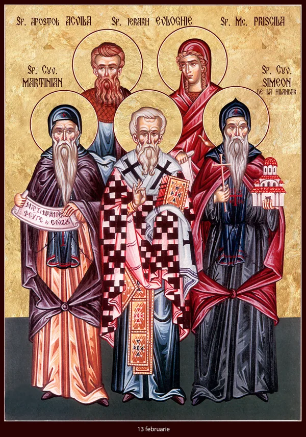 Group icon: Saints Aquila, Priscilla, Martinian, Eulogius and Simeon of Hilandar.