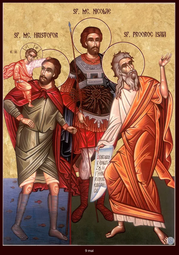Icon: Christopher carrying the Christ child, Nicholas the Martyr and Isaiah.