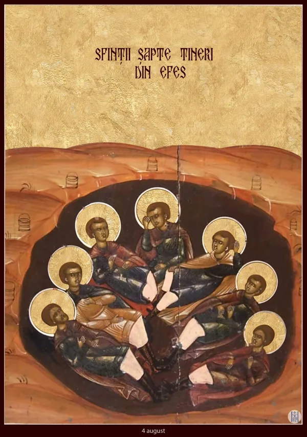 Group icon: the Seven Sleepers of Ephesus — Maximilian, Exacustodian, Iamblichus, Martinian, Dionysius, Antoninus and Constantine.