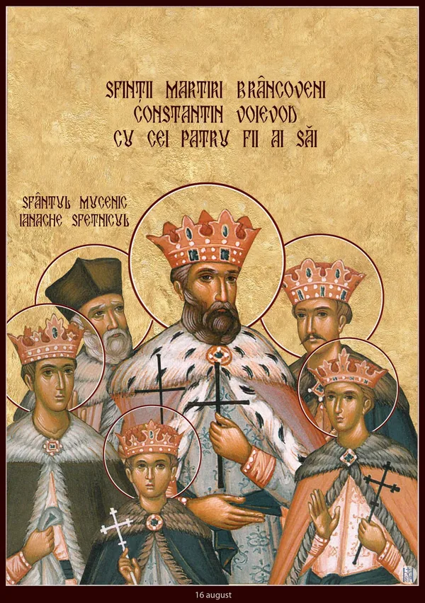 Group icon: Constantin Brâncoveanu the ruler, his sons Constantin, Ștefan, Radu and Matei, and adviser Ianache.