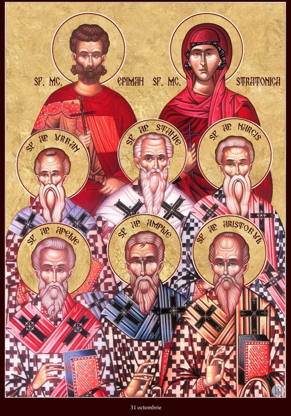 Group icon: Epimachus, Stratonica, Urban, Stachys, Narcissus, Apelles, Ampliatus and Aristobulus. Stratonica is named by the painting; exact supplemental identity remains held.