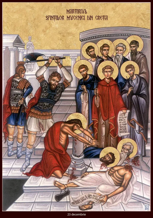 Collective icon: the martyrdom of the Ten Martyrs of Crete — Theodulus, Saturninus, Euporus, Gelasius, Eunicianus, Zoticus, Agathopus, Basilides, Evaristus and Pompeius. The image identifies the group; it does not label each individual figure.