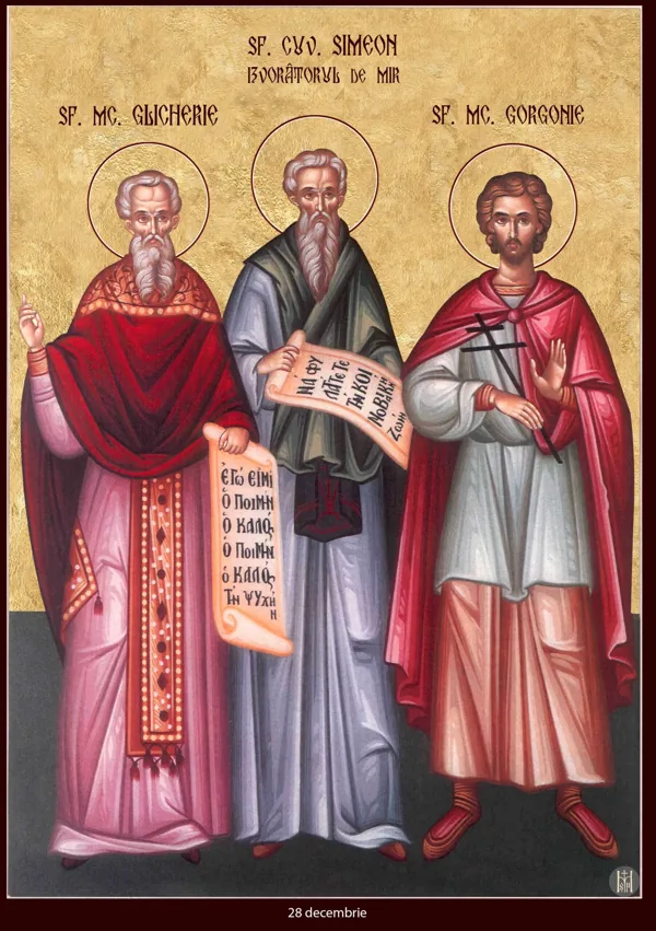 Group icon: Glycerius, Simeon the Myrrh-streamer and Gorgonius. Simeon is named by the painting but not by the paired Nicomedia roster.